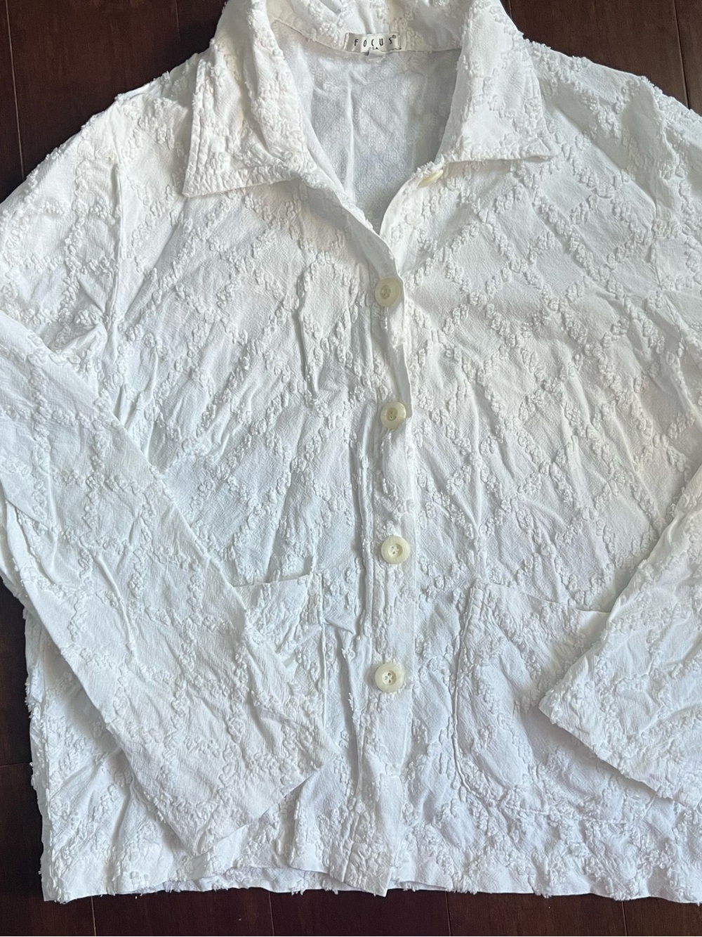 Vintage Focus 100% Cotton White Textured Button-Front Jacket S